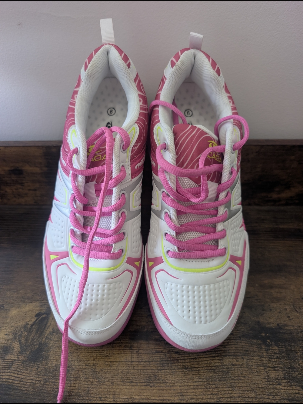 acacia swimwear White Pink Athletic Sneakers with Neon Yellow Accents